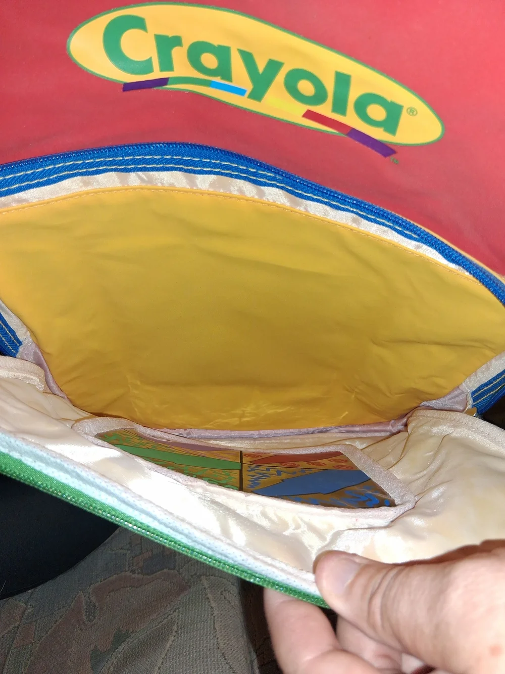 Vintage 1990 Crayola Red and Yellow Kids Backpack with Colorful Crayon Patch
